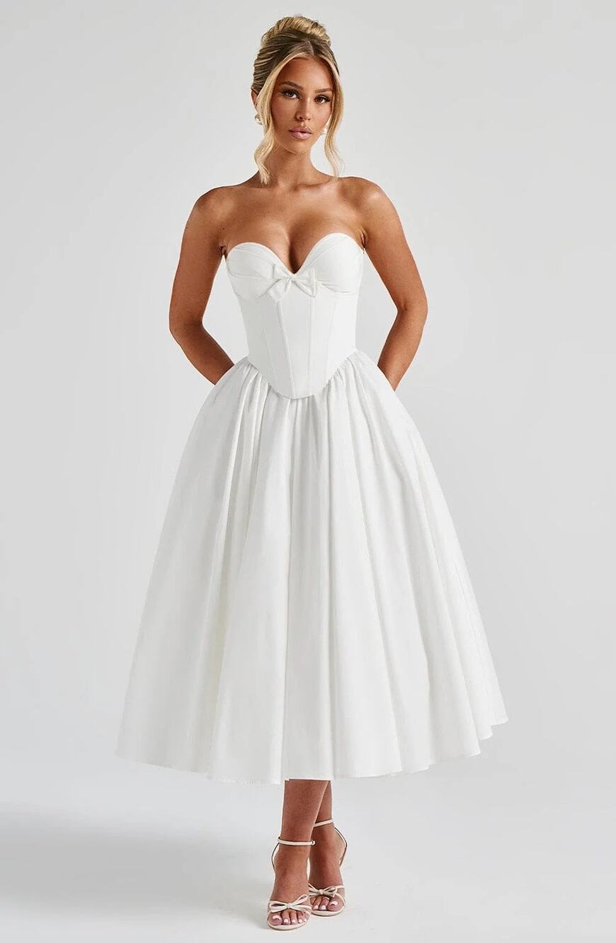 NWT Babyboo Prim Ivory Corset Bow Fit & Flare Strapless Midi Dress Women Size XS